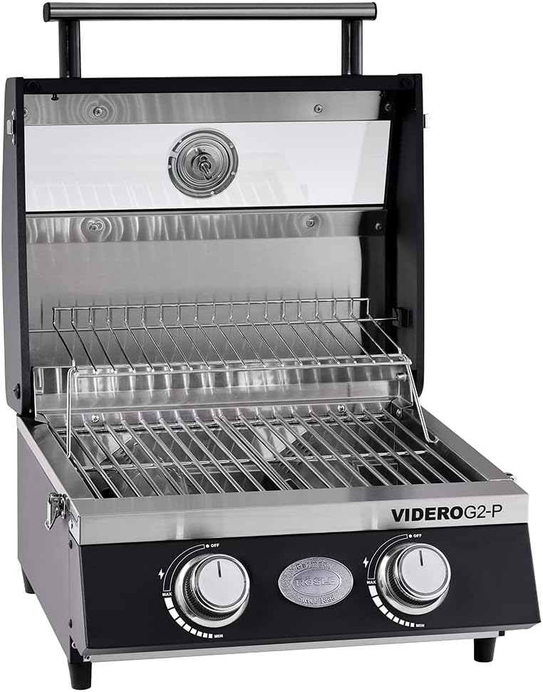 VIDERO G2-P Gasgrill, tragbarer Tischgrill, 2 Edelstahlbrenner, Warmhalterost, Deckel + Glas + Thermometer, pulverbeschichtet, 50 mbar, schwarz