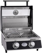 VIDERO G2-P Gasgrill, tragbarer Tischgrill, 2 Edelstahlbrenner, Warmhalterost, Deckel + Glas + Thermometer, pulverbeschichtet, 50 mbar, schwarz