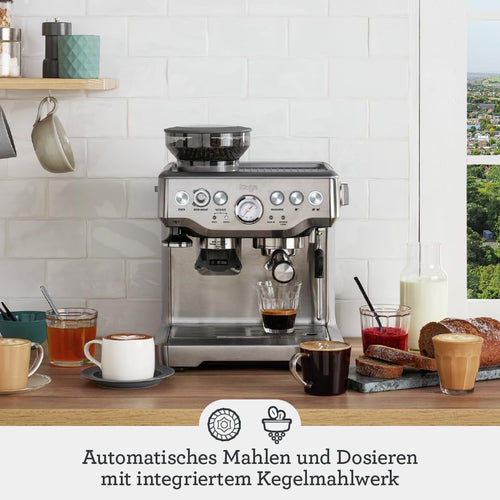 Barista Express Kaffeemaschine, Milchaufschumer + Mahlwerk, automat. Mahlen, Milchschaum, schwarz, inkl. Kännchen