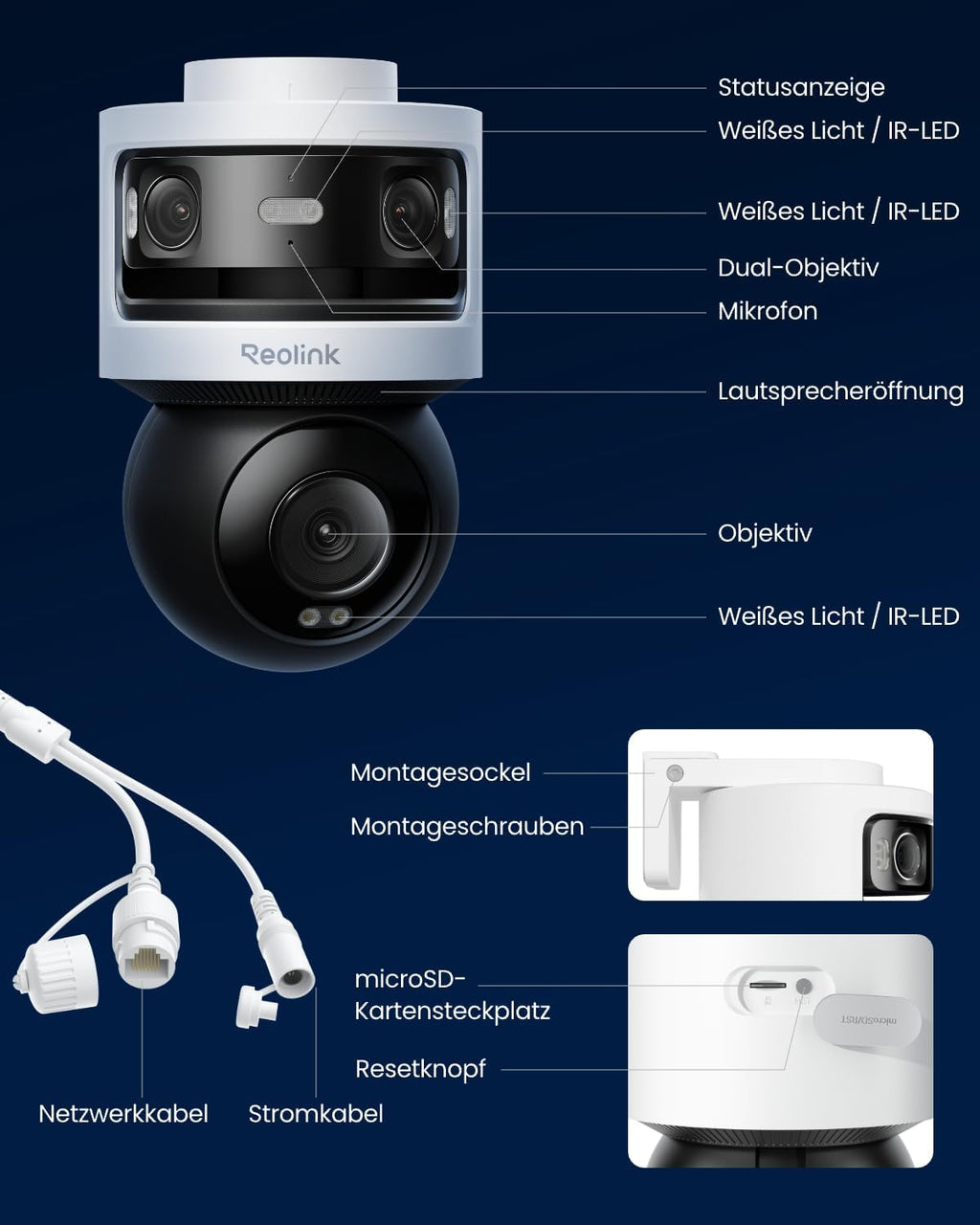 Dreifachobjektiv PoE Sicherheitskamera Außen, 10MP 180° Panorama & 4K PT Auto-Track., KI-Videosuche, Perimeter-Schutz, Farb-/IR-Nacht., 24/7-Aufz., OMVI 3i