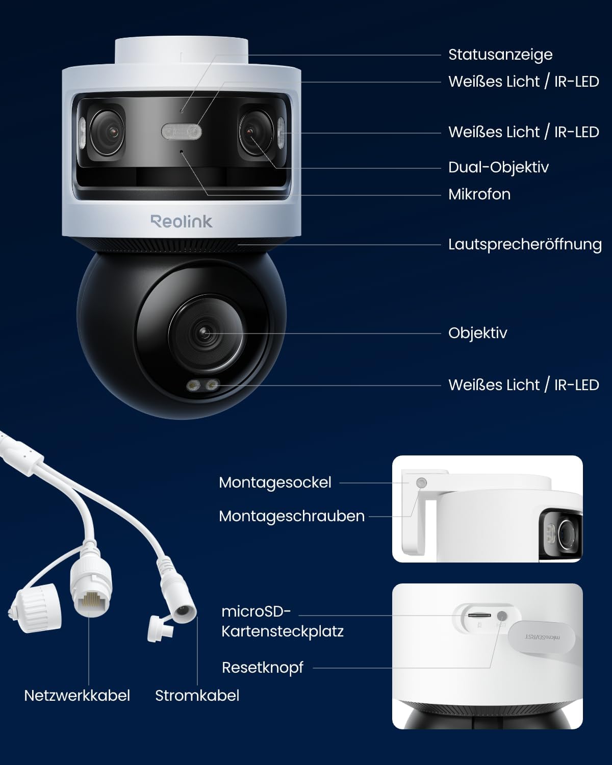 Dreifachobjektiv PoE Sicherheitskamera Außen, 10MP 180° Panorama & 4K PT Auto-Track., KI-Videosuche, Perimeter-Schutz, Farb-/IR-Nacht., 24/7-Aufz., OMVI 3i