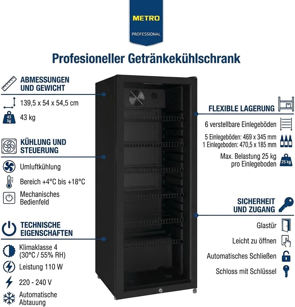 Getränkekühlschrank GSC4240B, 237 L, 110 W, 6 verstellbaren Einlegeböden, LED-Innenbeleuchtung, schwarz