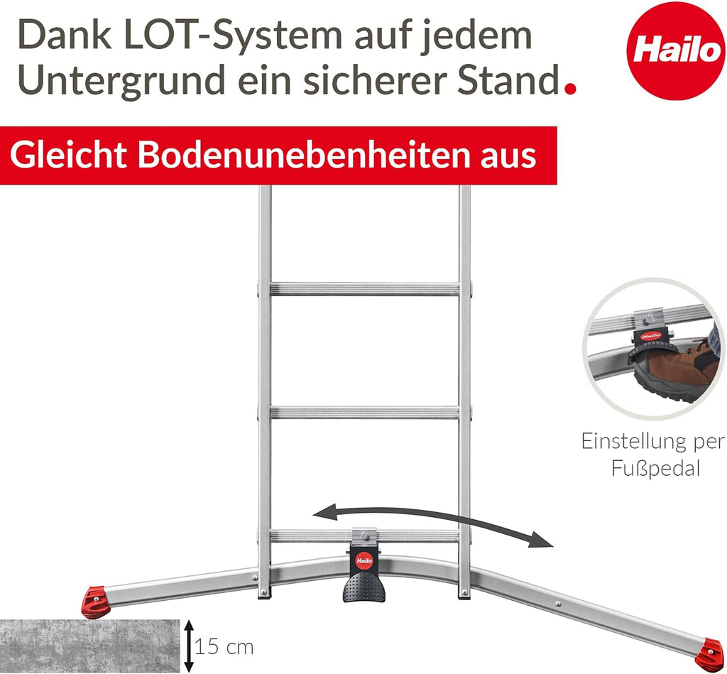 ProfiLOT S100 3-teilige Alu-Kombileiter mit Lot-System, gleicht Unebenheiten aus, 3x12 Profilsprossen, 150 kg, rostfrei, Silber