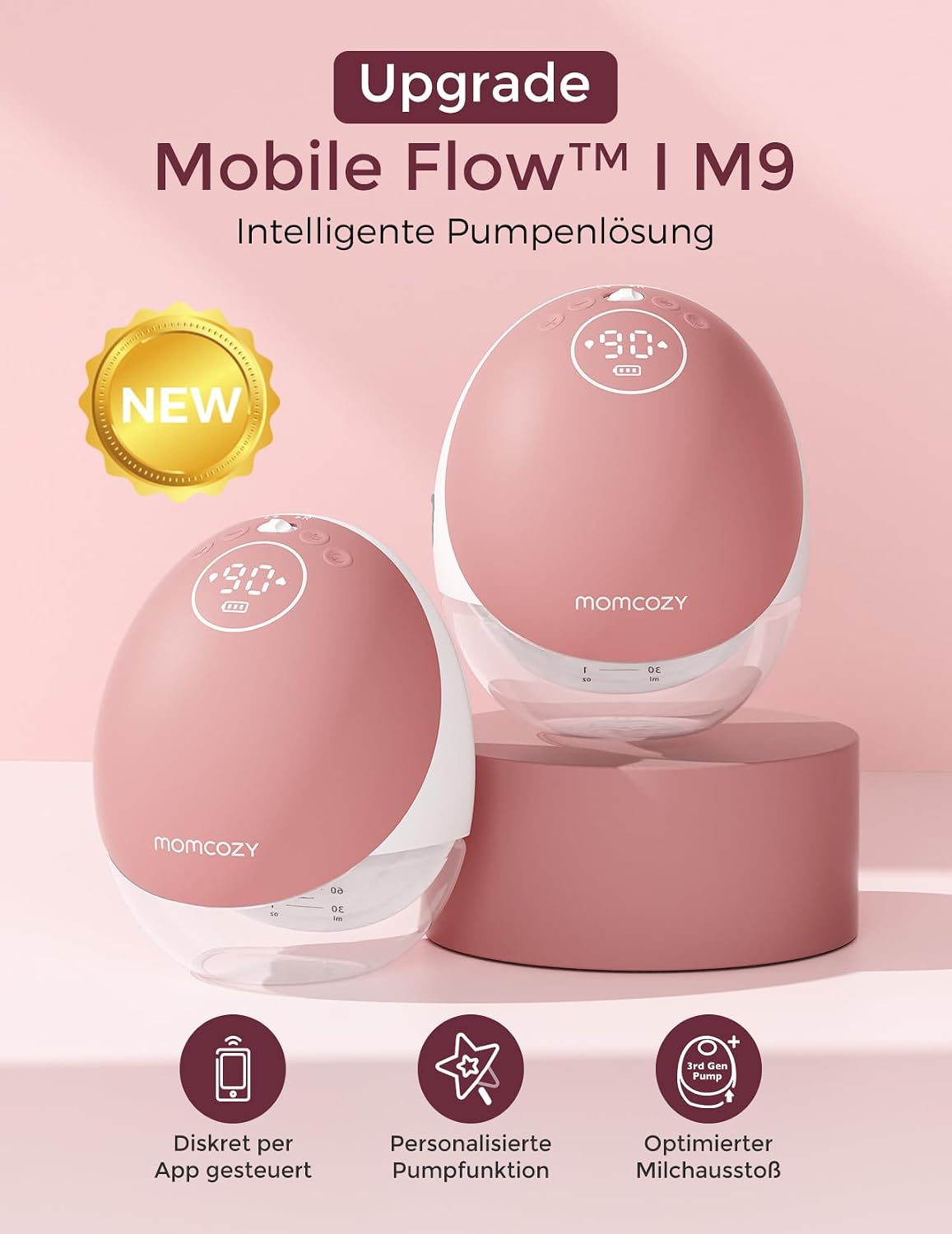 Freihändige Milchpumpe Mobile Flow M9 Upgrade | Elektrisch & App-Steuerung, Personalisierte Multi-Modi & 15 Stufen, Tragbare Pumpe, 24 mm (Rot, 2 Stück)