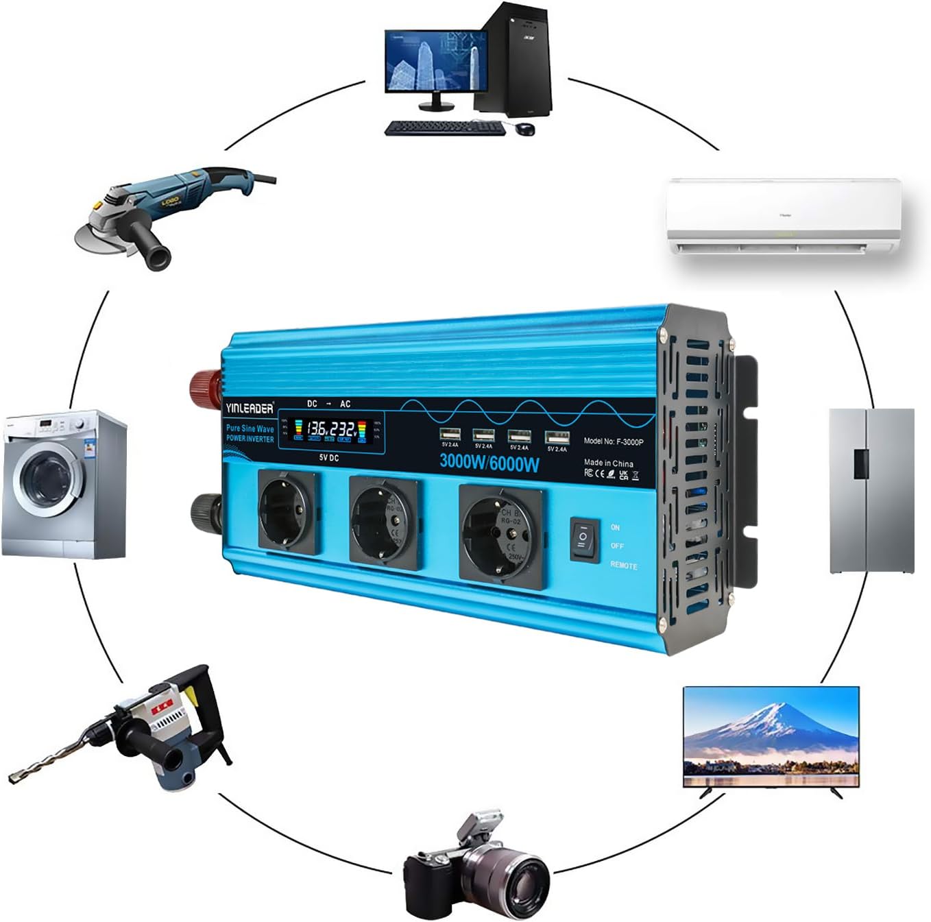 3000W/6000W Reiner Sinus Wechselrichter 12V 230V 3x EU-Steckdose 4x USB LCD-Spannungsanzeige