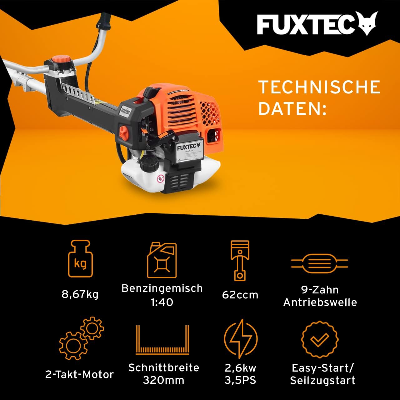 Profi Benzin Motorsense FX-PS162 – 62ccm, Faden und Komfort-Tragegurt – Rasentrimmer mit Antivibrationssystem – 2-Takt Freischneider mit Fadenspule