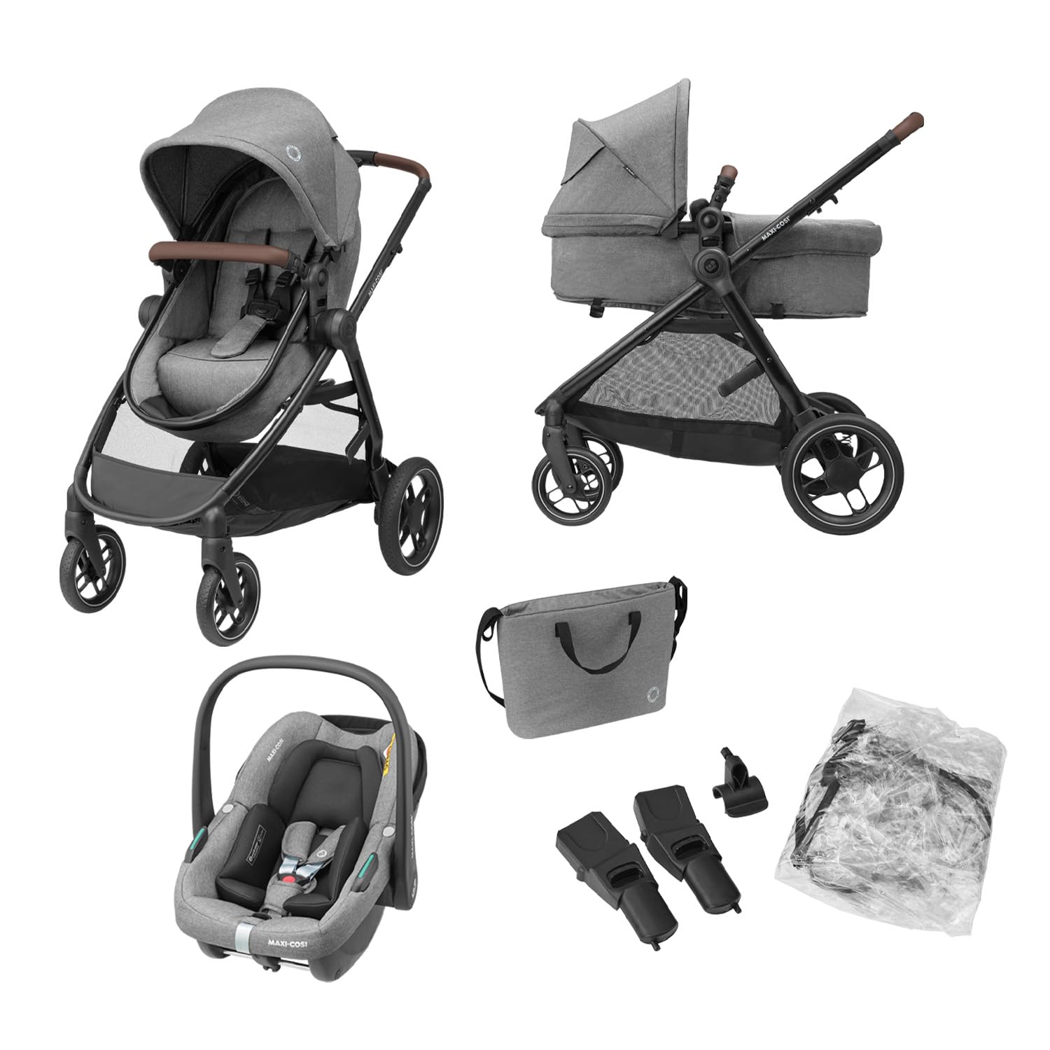 Zelia S Trio Kinderwagen 3in1 Komplettset, 0-4 Jahre, 22 kg, klappbar, kompakt, mit CabrioFix S i-Size + Wickeltasche, grau