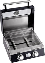 VIDERO G2-P Gasgrill, tragbarer Tischgrill, 2 Edelstahlbrenner, Warmhalterost, Deckel + Glas + Thermometer, pulverbeschichtet, 50 mbar, schwarz