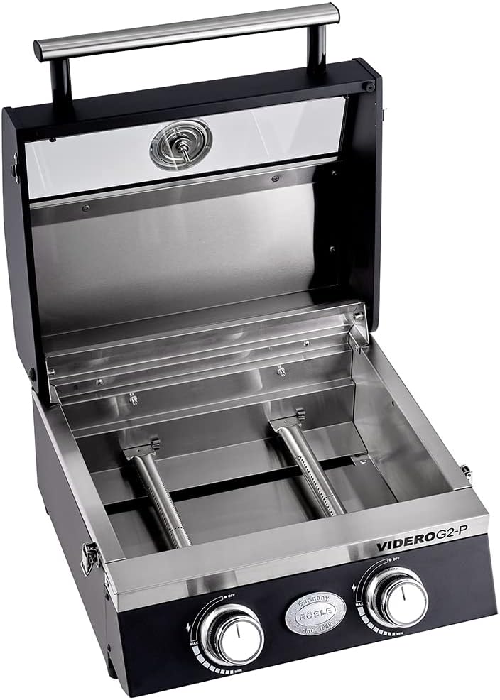 VIDERO G2-P Gasgrill, tragbarer Tischgrill, 2 Edelstahlbrenner, Warmhalterost, Deckel + Glas + Thermometer, pulverbeschichtet, 50 mbar, schwarz
