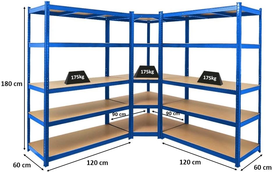 Eckregal Ragnar 1x 180x90x60cm + Taurus 2X 180x120x60cm Blau, Fachlast 175kg, Keller-, Garagen- und Lagerregal, Steckregal