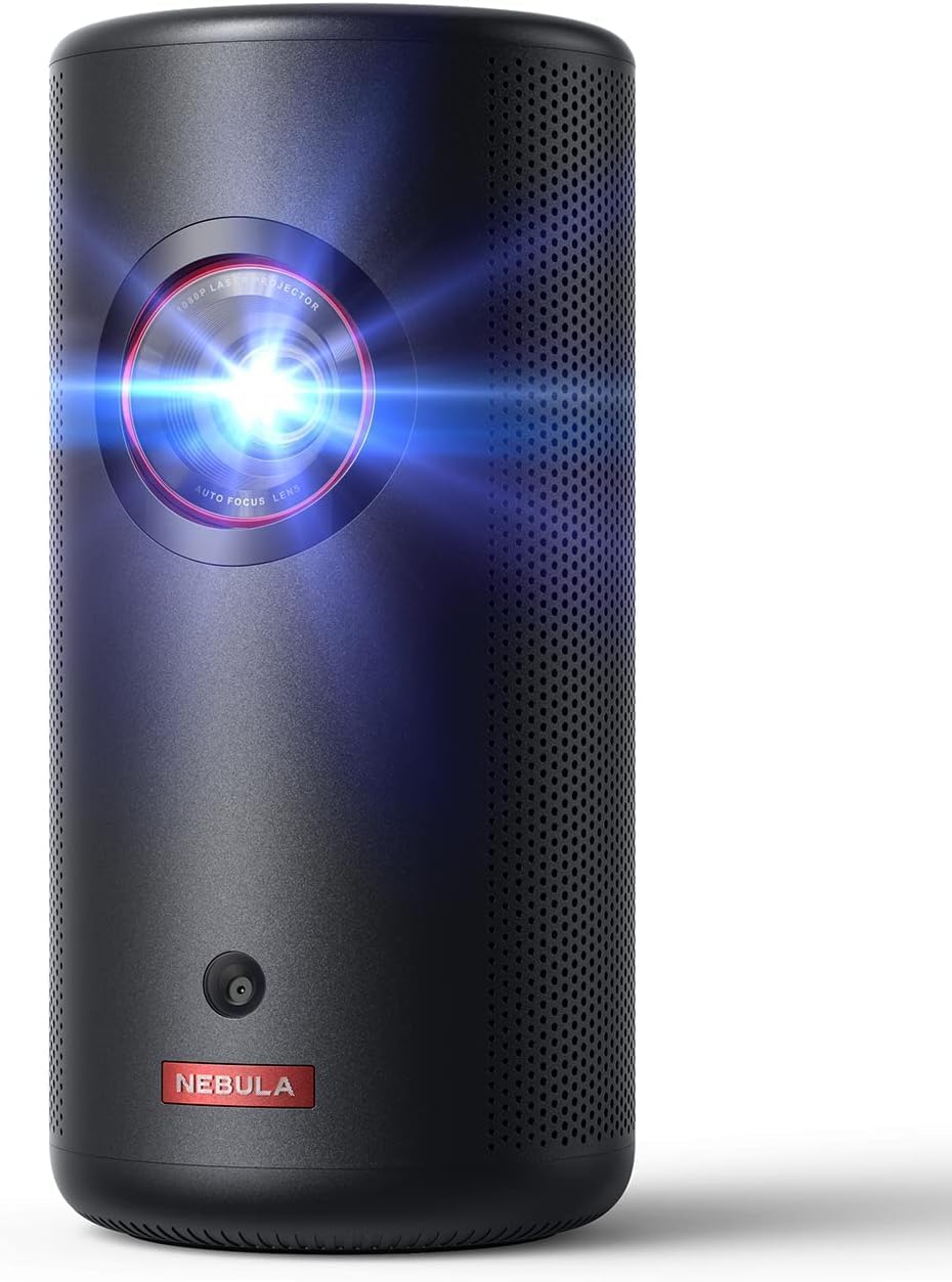 Capsule 3 Laser GTV Beamer – 300 ANSI Lumen 1080p Mini Smart TV mit WLAN, Outdoor, Dolby Digital, Autofokus, 120-Zoll Bild, 2,5 Std. Akku