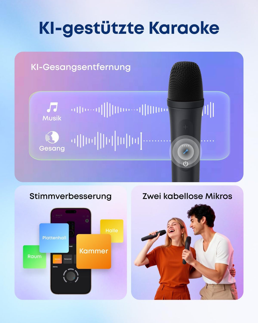 Rave 3S Partybox, KI-Karaoke, 2 kabellose Mikros, 200W, KI-Gesangsentfernung, Lichtshow, Auracast, 12h, Bluetooth-Lautsprecher für innen/außen