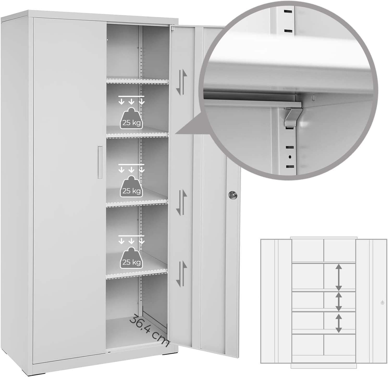 Stahl-Aktenschrank, 5 Ebenen, Doppeltüren + Schloss, verstellbare Ablagen, Mehrzweck-/Werkzeugschrank, für Garage/Büro/Wohnzimmer, grau, OMC015G01