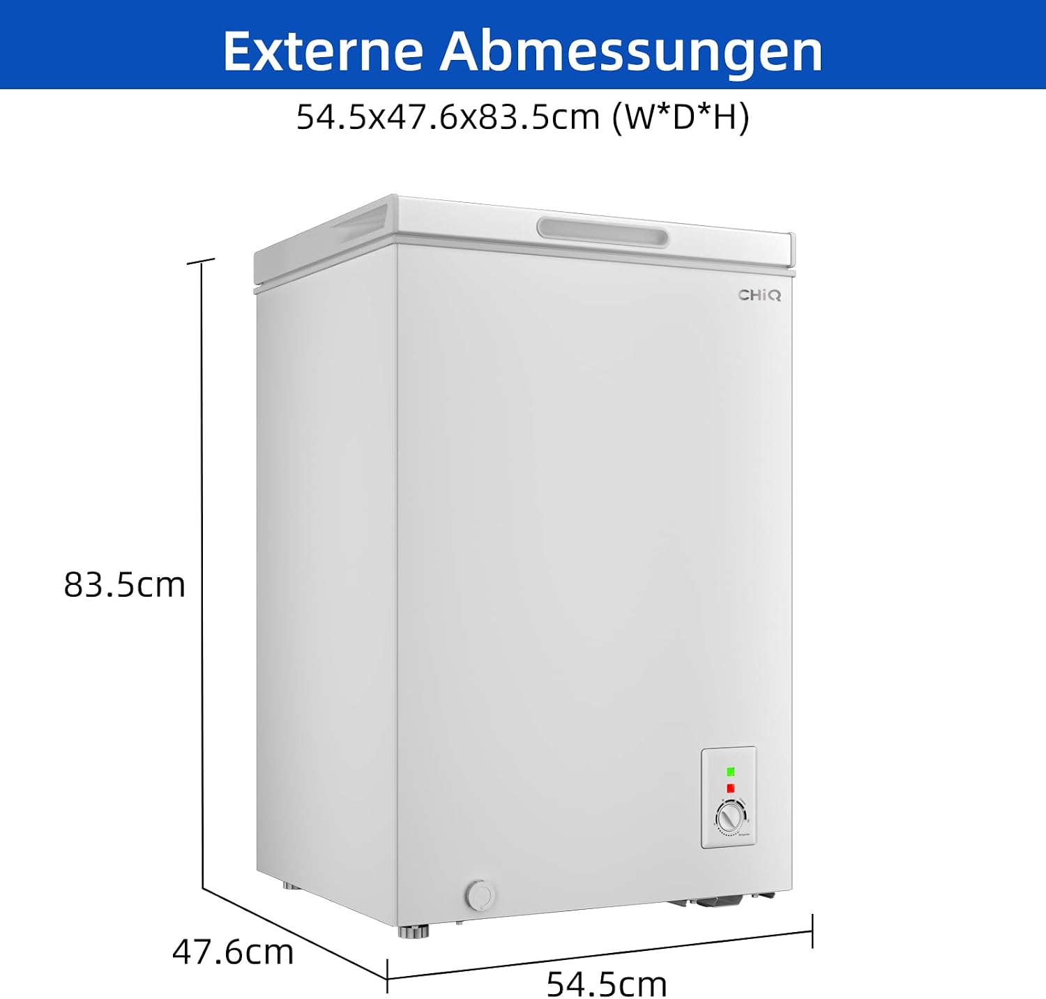 Gefriertruhe 99L, Schnelleinfrierung, LED, 54,5x47,6x83,5 cm, 39 dB, Hubtor, -24°C, 4-Sterne, freistehend, weiß, für Garage/Gewerbe