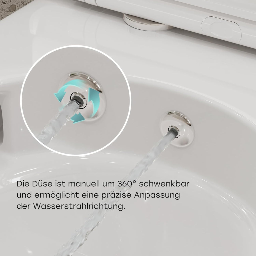 Toilette mit Bidet-Funktion, spülrandlos, Nano-Beschichtung, WC-Dusche mit Armatur, Absenkautomatik, Kalt-Warm Wasser, Hänge-WC, 49x36x36 cm