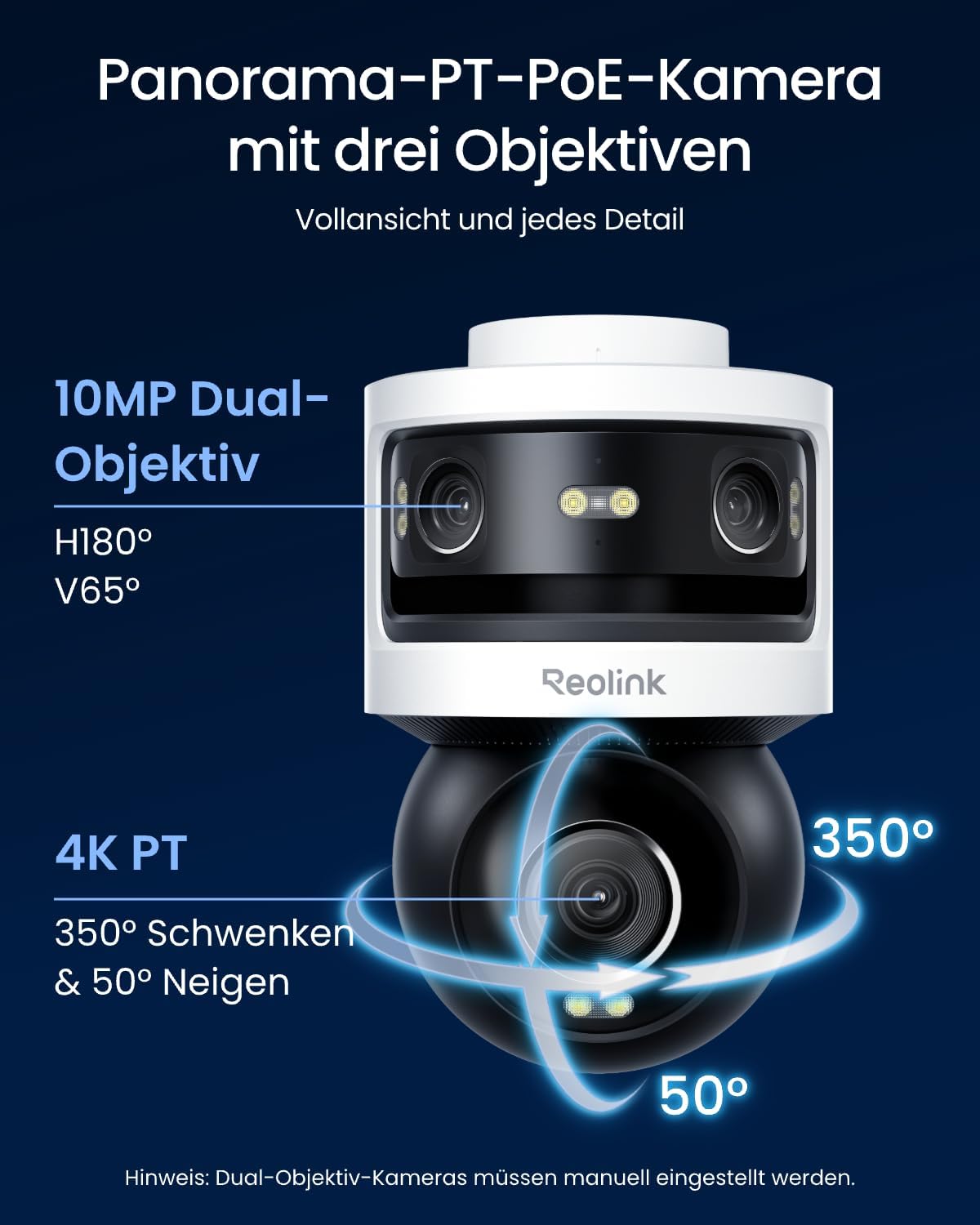 Dreifachobjektiv PoE Sicherheitskamera Außen, 10MP 180° Panorama & 4K PT Auto-Track., KI-Videosuche, Perimeter-Schutz, Farb-/IR-Nacht., 24/7-Aufz., OMVI 3i