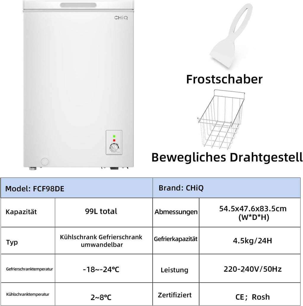 Gefriertruhe 99L, Schnelleinfrierung, LED, 54,5x47,6x83,5 cm, 39 dB, Hubtor, -24°C, 4-Sterne, freistehend, weiß, für Garage/Gewerbe