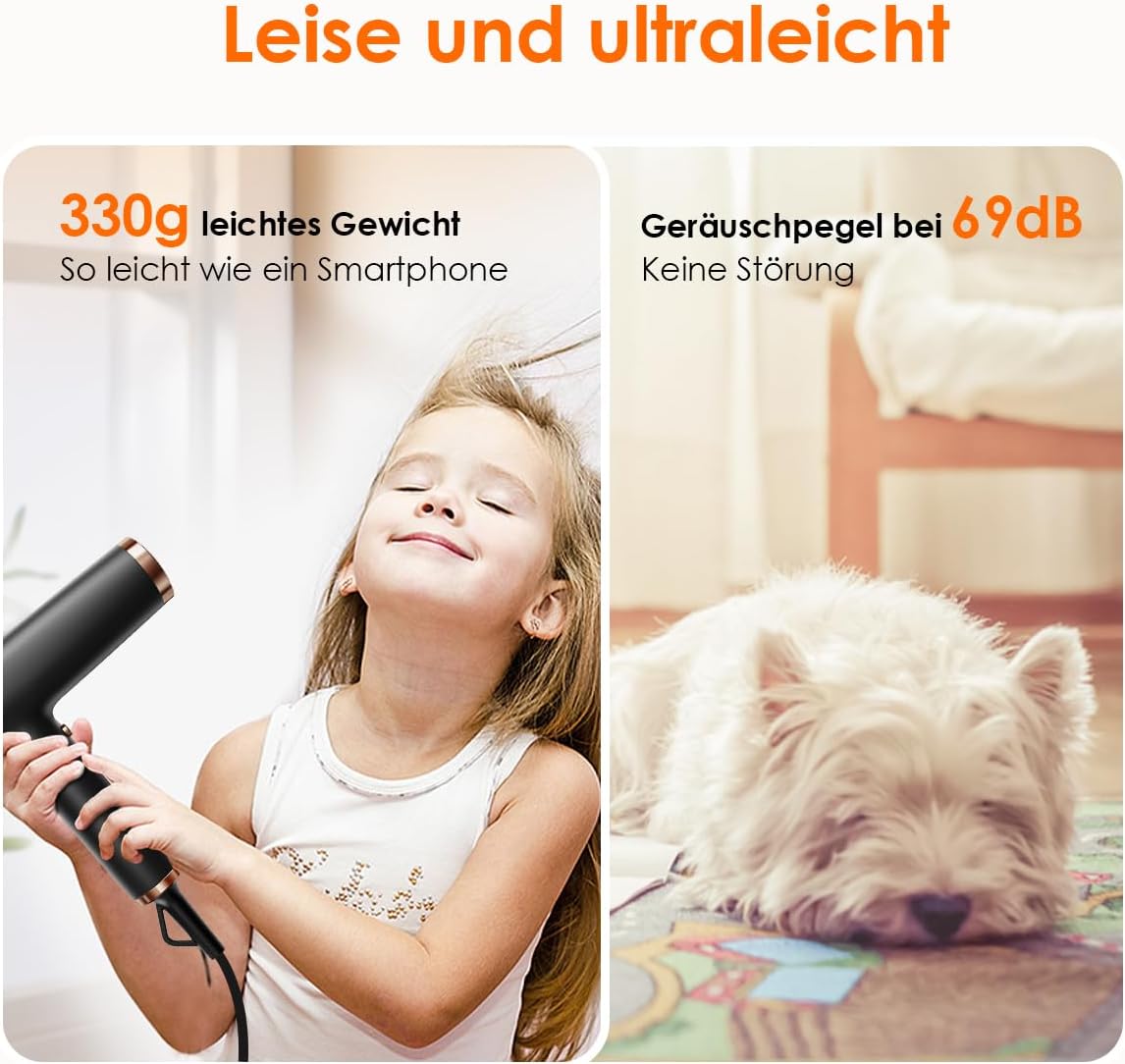 Leichter Haartrockner, 110.000 RPM bürstenloser Motor, schnelles Trocknen, leise, LED, 200 Mio. Ionen, 3 Magnetdüsen, für Zuhause/Salon, tiefschwarz