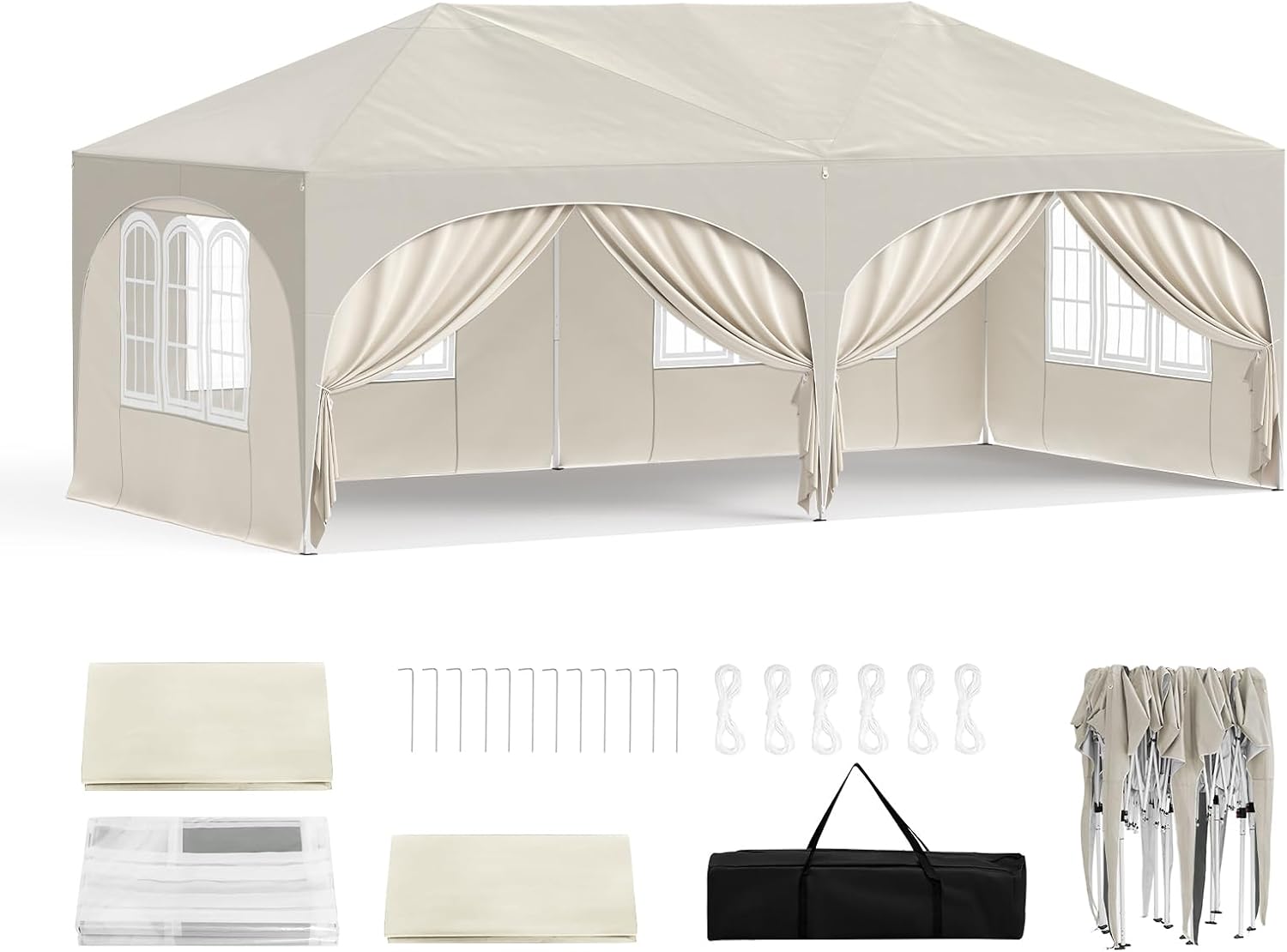 Faltpavillon 3x6m, 6 Seitenwände, wasserabweisend, UV-Schutz 50+, höhenverstellbar, mit Tragetasche, für Outdoor/Garten/Camping, beige