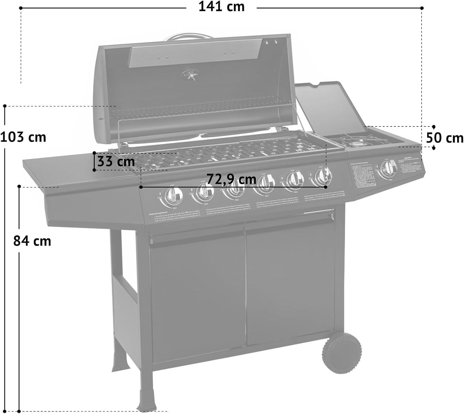 BASIC BBQ Gasgrill Grillwagen mit Edelstahl-Brenner + Seitenkocher, 6+1 Burner