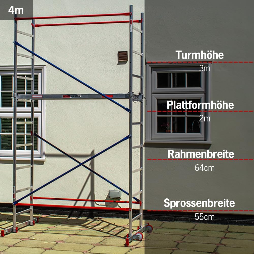 Heimwerken Gerüstturm 4m - Fahrbares Arbeitsgerüst aus Aluminium mit Schneller Montage