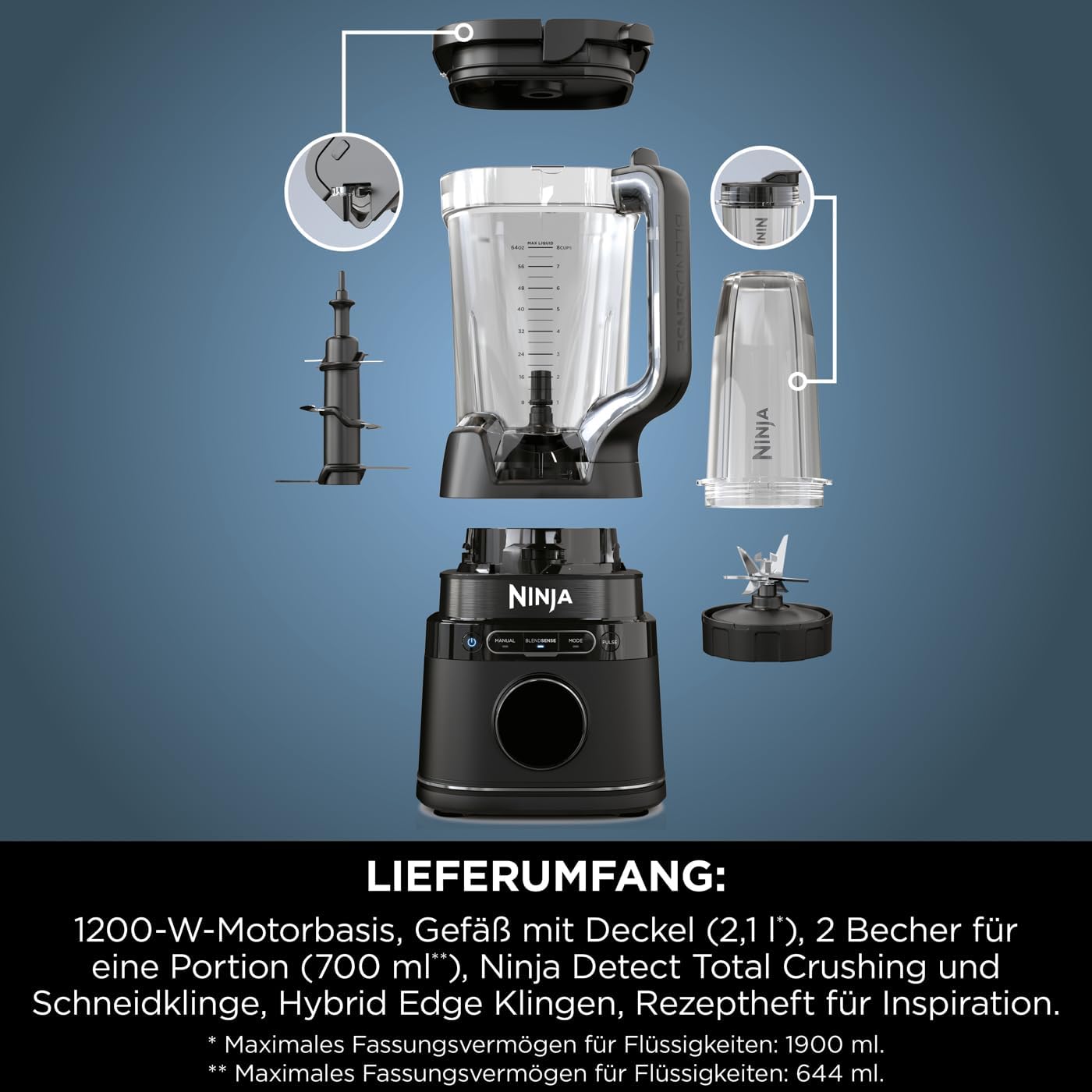 2-in-1 Detect Power Mixer Pro & Single Serve, 1200W Mixer mit Krug & 2 Single Serve Tassen, für Smoothies, Gemüse hacken, Frozen Drinks, Schwarz, TB301EU