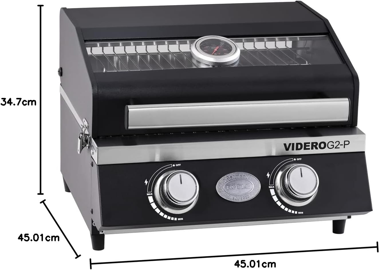 VIDERO G2-P Gasgrill, tragbarer Tischgrill, 2 Edelstahlbrenner, Warmhalterost, Deckel + Glas + Thermometer, pulverbeschichtet, 50 mbar, schwarz