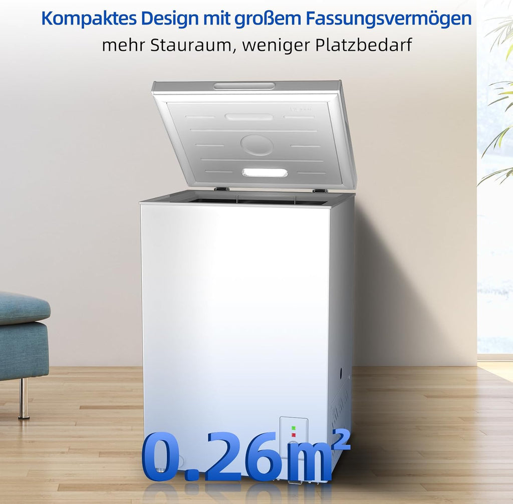 Gefriertruhe 99L, Schnelleinfrierung, LED, 54,5x47,6x83,5 cm, 39 dB, Hubtor, -24°C, 4-Sterne, freistehend, weiß, für Garage/Gewerbe