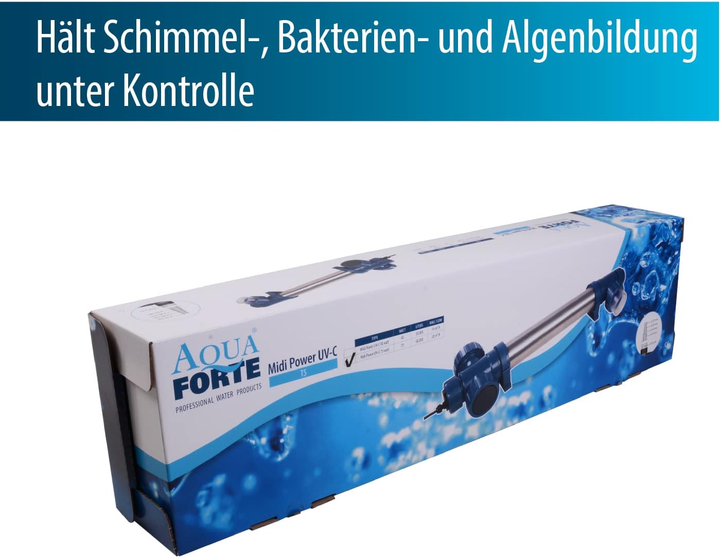 Midi Power UVC 75 Watt, kurze Lampen, Edelstahlgehäuse, max. Durchfluss 20 m³/h, für klaren Teich ohne Chemikalien, silber