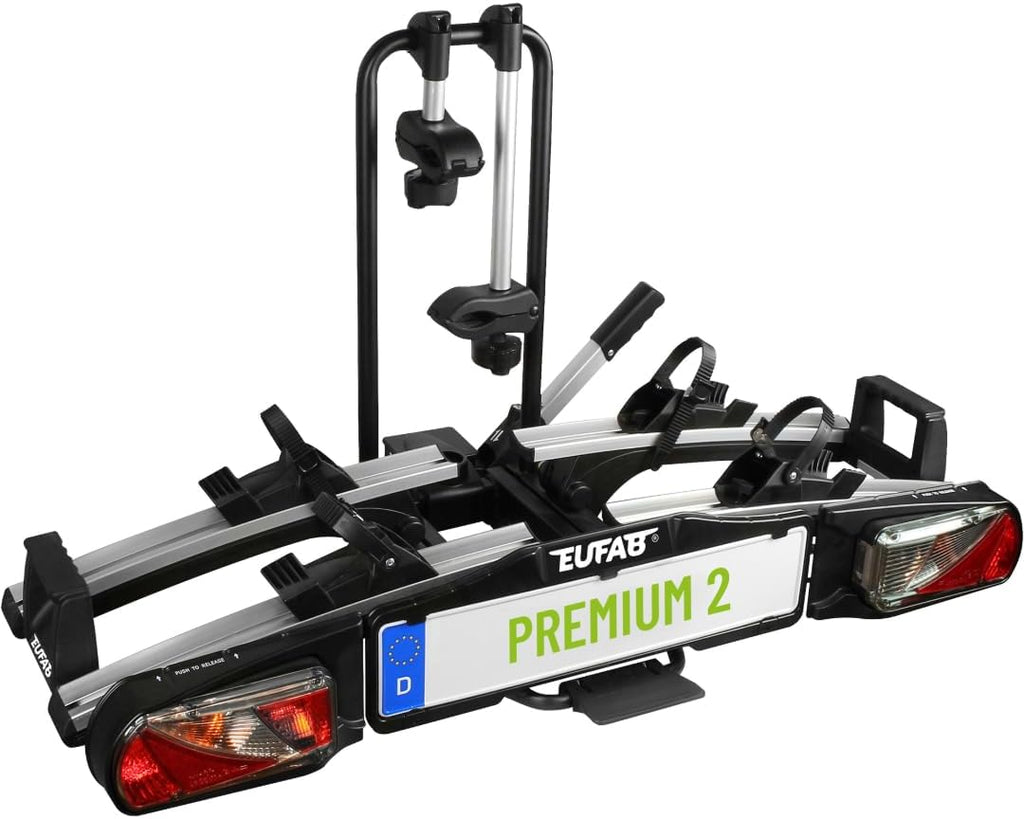 11521 Fahrradträger PREMIUM 2, E-Bike geeignet, komplett vormontiert, Diebstahlschutz, für 2 Fahrräder, für Anhängekupplung, Schwarz, Silber