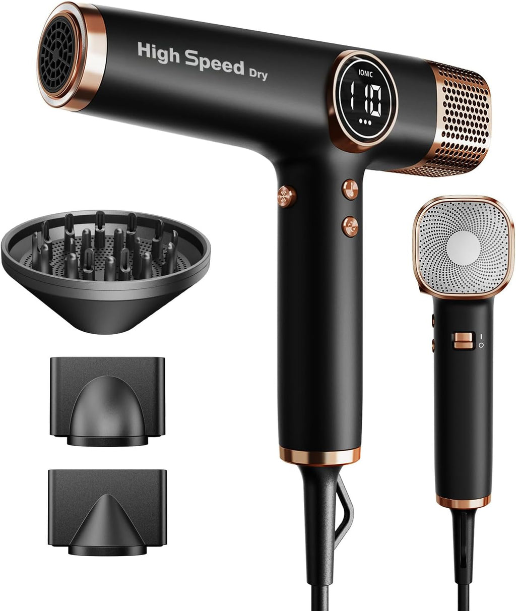 Leichter Haartrockner, 110.000 RPM bürstenloser Motor, schnelles Trocknen, leise, LED, 200 Mio. Ionen, 3 Magnetdüsen, für Zuhause/Salon, tiefschwarz