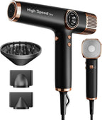 Leichter Haartrockner, 110.000 RPM bürstenloser Motor, schnelles Trocknen, leise, LED, 200 Mio. Ionen, 3 Magnetdüsen, für Zuhause/Salon, tiefschwarz