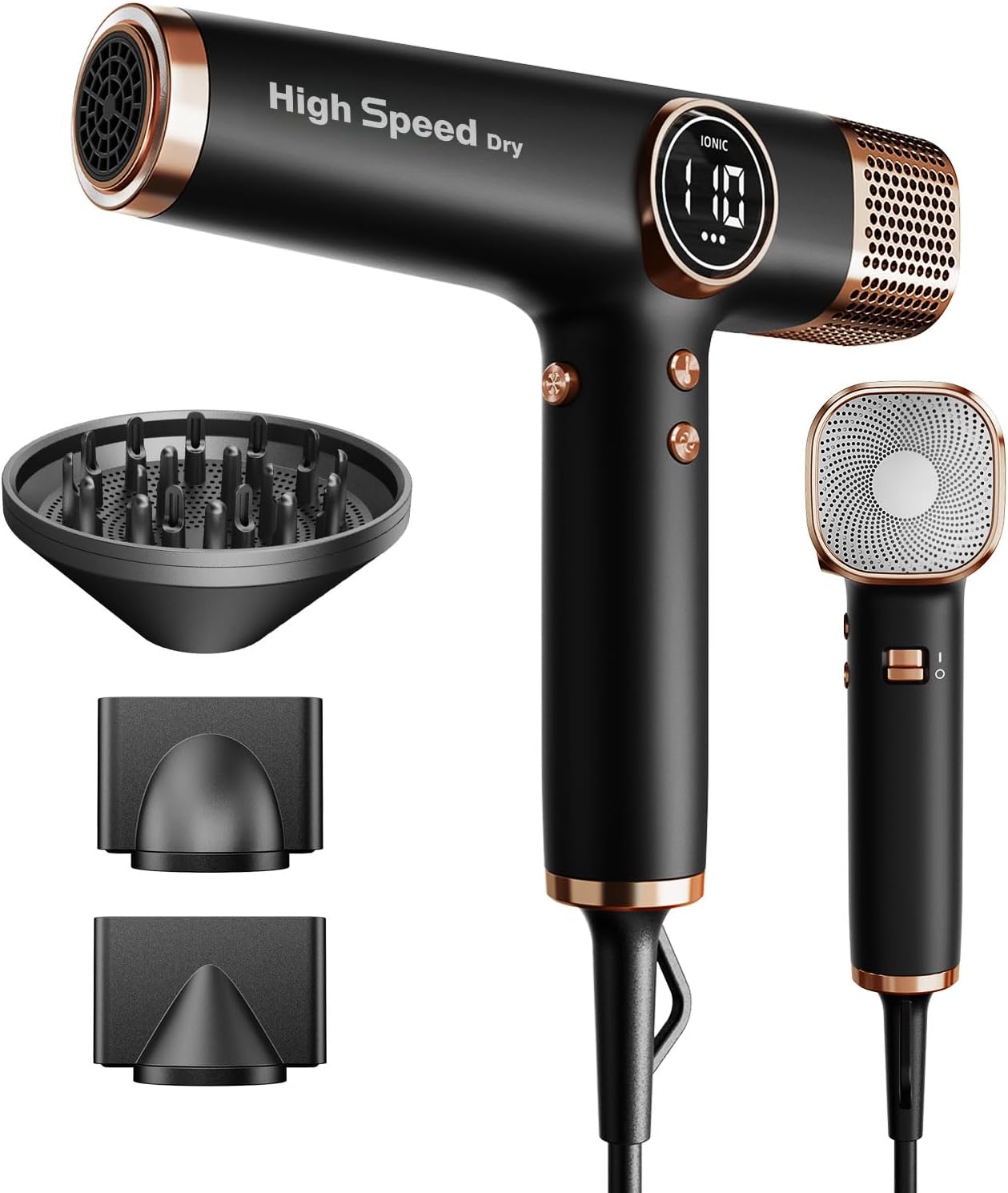 Leichter Haartrockner, 110.000 RPM bürstenloser Motor, schnelles Trocknen, leise, LED, 200 Mio. Ionen, 3 Magnetdüsen, für Zuhause/Salon, tiefschwarz