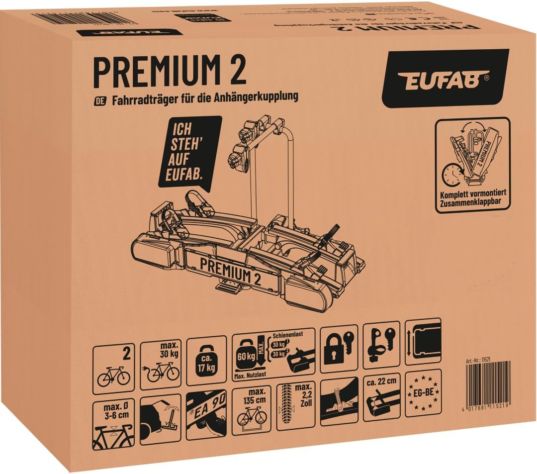 11521 Fahrradträger PREMIUM 2, E-Bike geeignet, komplett vormontiert, Diebstahlschutz, für 2 Fahrräder, für Anhängekupplung, Schwarz, Silber