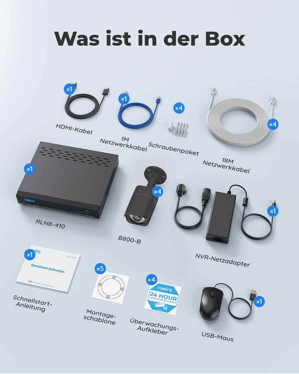 4K Überwachungskamera Set, 8CH PoE NVR mit 4X 8MP Kameras, Personenerkennung & Fahrzeugerkennung, 24/7 Aufnahme, RLK8-800B4 Schwarz