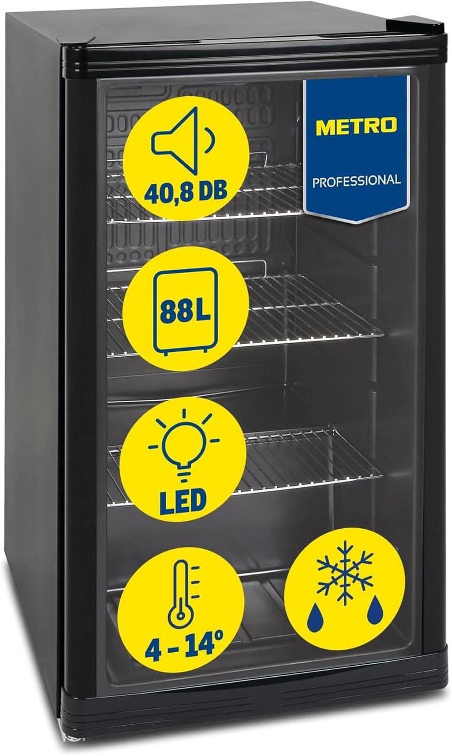 Mini-Kühlschrank 88 L GPC1088, 1.052 kWh/24h, 3 Edelstahl-Drahtböden, schwarz