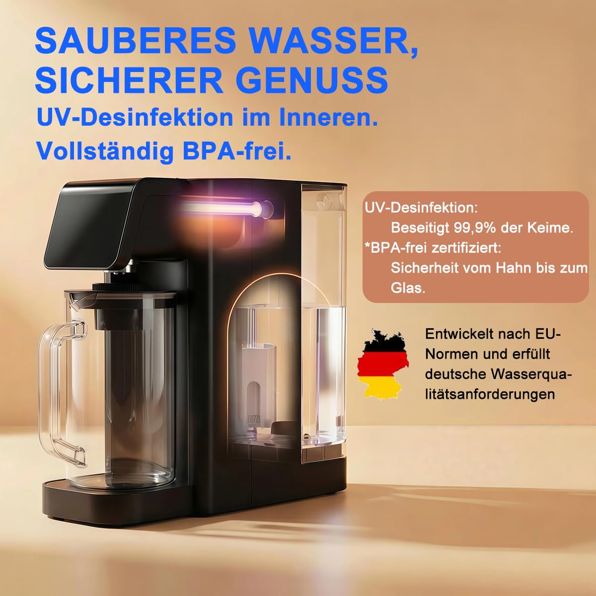 8-stufiger UV-Auftisch-Umkehrosmoseanlage mit Heißwasserspender & TDS-Monitor, tragbar für Büro, Camping & Schlafzimmer, ohne Installation