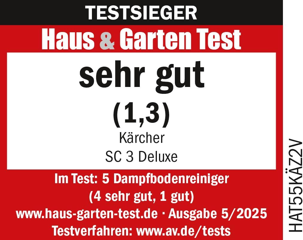 Dampfreiniger SC 3 Deluxe, 3,5 bar, 30 s Aufheizzeit, 1900 W, 75 m², 1 l Tank, Bodenreinigungsset, Mikrofaser, Düsen, Rundbürste, Weiß