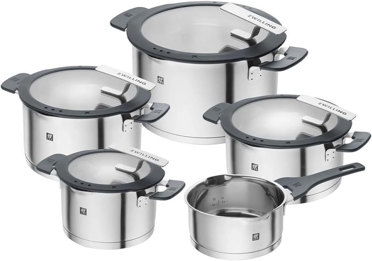 Simplify Kochtopf-Set 5-teilig, mit integriertem Sieb, Induktion geeignet, Ausgießfunktion, Stay-Cool-Griffe, Edelstahl, Grau