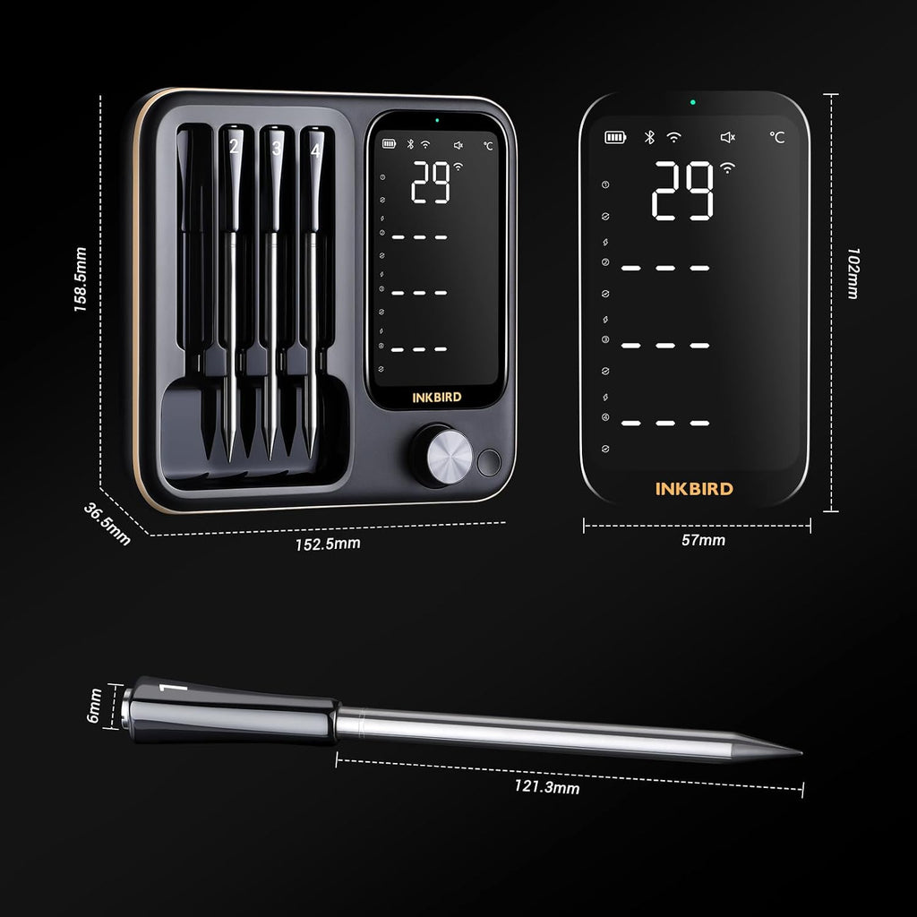 INT-14-BW kabelloses Fleischthermometer, Smart-Grillthermometer, WIFI 2.4G + BT 5.4, 91m Reichweite, für Ofen/Grill/Smoker/Rotisserie/Airfryer