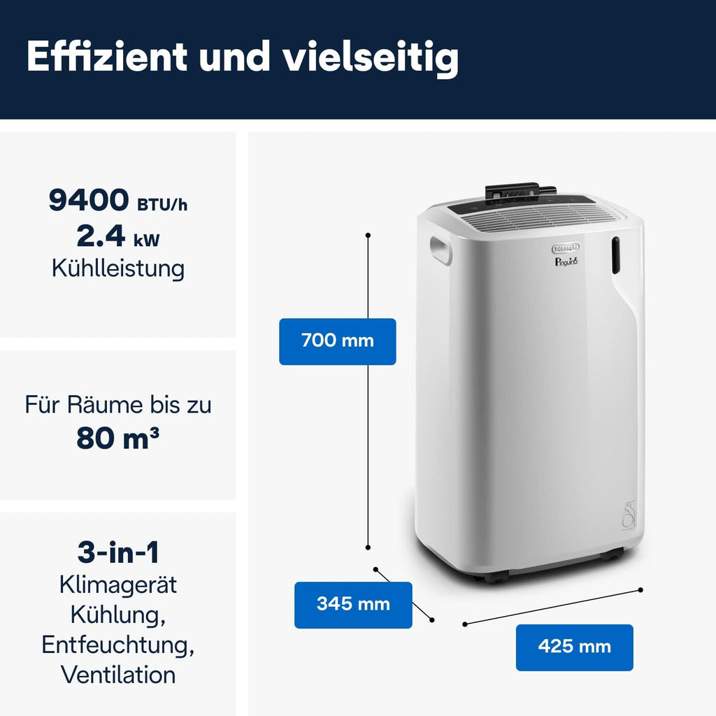 Pinguino 3-in-1 Klimagerät, 9400 BTU, bis 27 m², Entfeuchter + Ventilator, leise, Fernbedienung, 24h-Timer, Effizienz A (PACEM82)