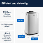 Pinguino 3-in-1 Klimagerät, 9400 BTU, bis 27 m², Entfeuchter + Ventilator, leise, Fernbedienung, 24h-Timer, Effizienz A (PACEM82)