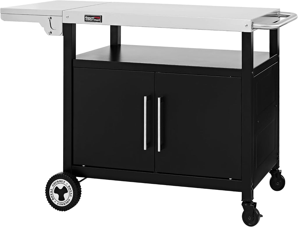 Grillwagen mit klappbarem Seitentisch, Handtuchgriff, Unterschrank, Edelstahl Tischplatte, Rollen, Silber
