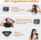 Leichter Haartrockner, 110.000 RPM bürstenloser Motor, schnelles Trocknen, leise, LED, 200 Mio. Ionen, 3 Magnetdüsen, für Zuhause/Salon, tiefschwarz
