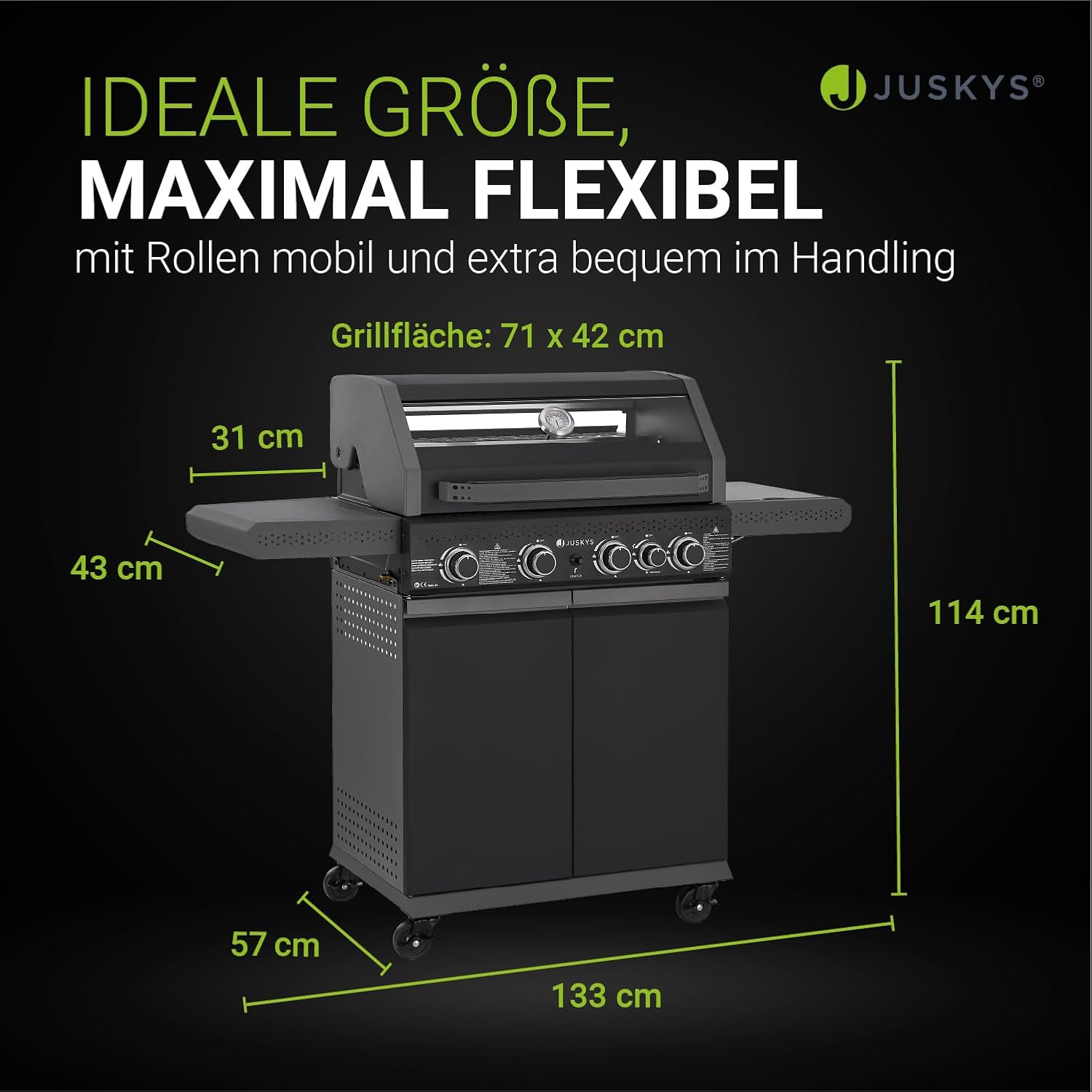 BBQ Gasgrill Savannah - 4 Brenner + 1 Seitenbrenner - XXL Stahl Gas Grill mit Gusseisen Grillrost, Kochfeld, Unterschrank für Gasflasche