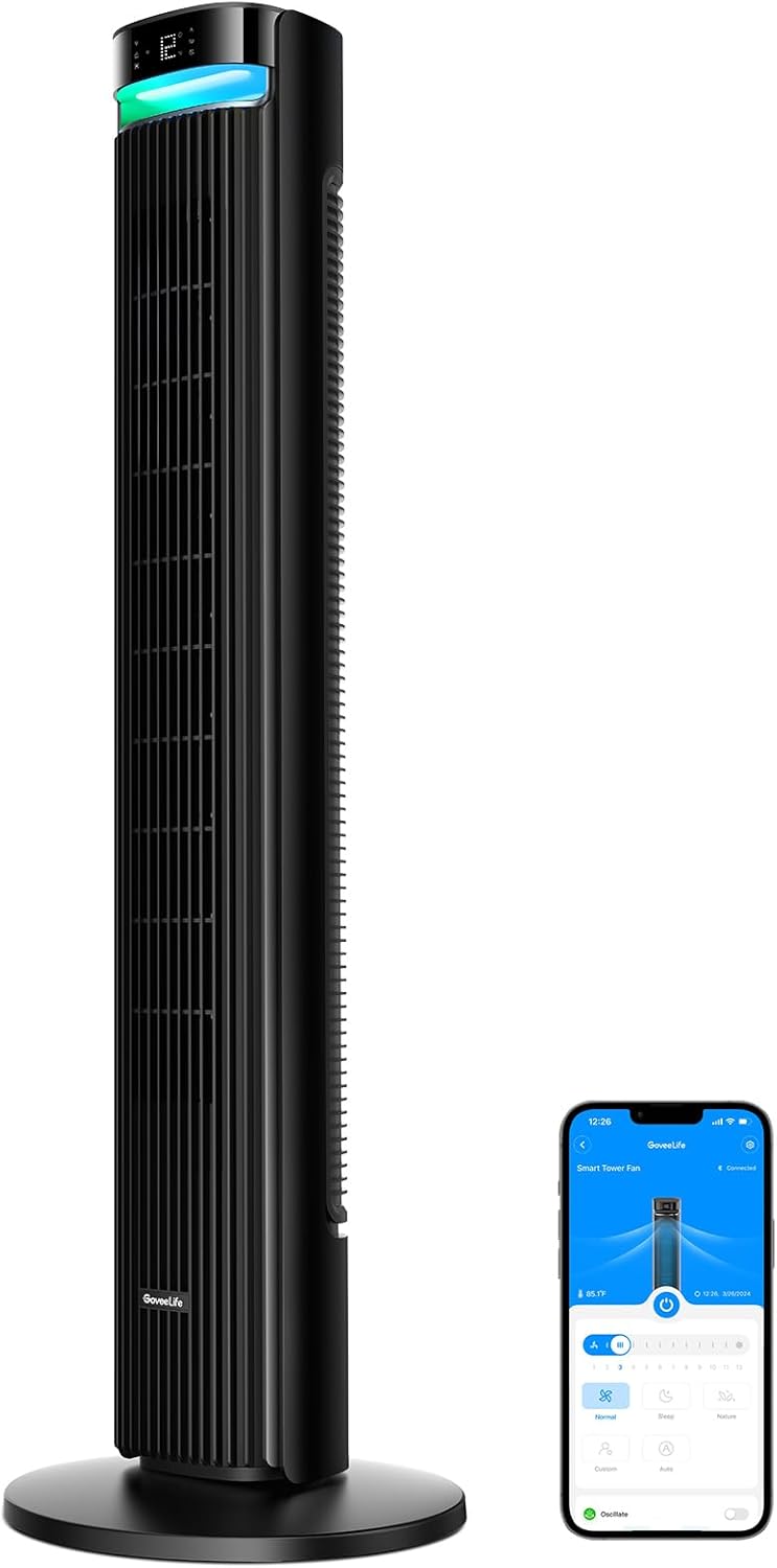 Leiser intelligenter Turmventilator, 12 Geschwindigkeiten bis zu 8 m/s, 5 Modi, 24-Stunden-Timer, 150° Oszillation, APP- und Sprachsteuerung, schwarz