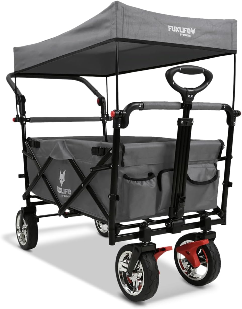 Bollerwagen faltbar FX-CT700 Grau • klappbarer Handwagen mit Bremsen • höhenverstellbarer Griff • gepolsterter Sitzbereich • platzsparend