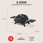 Q 1200N Gasgrill mit Seitentischen,Porzellanemaillierte Gusseisenroste,Deckelthermometer,Hochleistungsbrenner,1290cm² Grillfläche,Midnight Black
