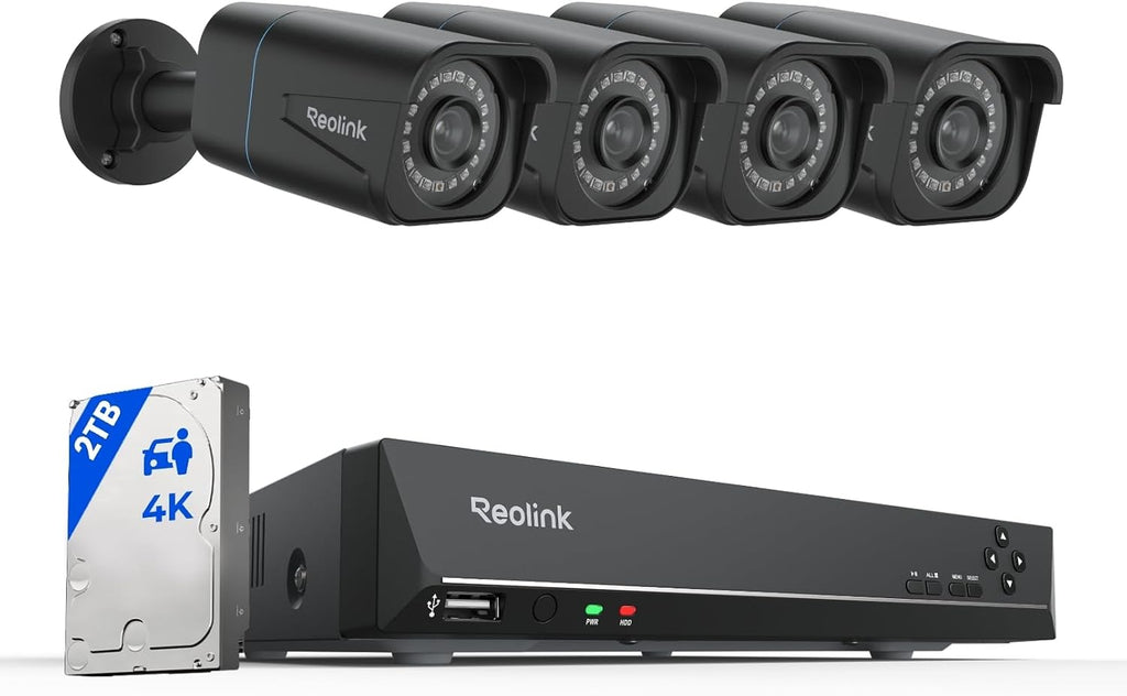 4K Überwachungskamera Set, 8CH PoE NVR mit 4X 8MP Kameras, Personenerkennung & Fahrzeugerkennung, 24/7 Aufnahme, RLK8-800B4 Schwarz