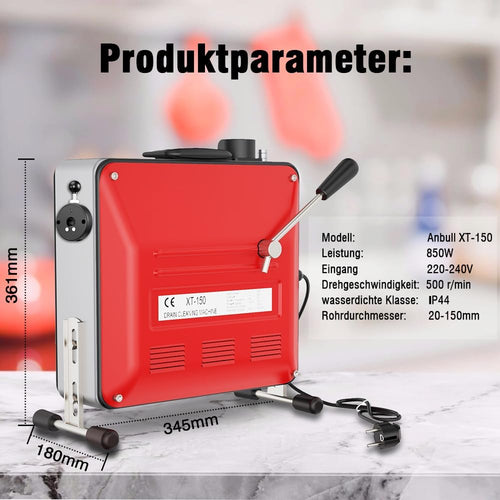 850W Elektrische Rohrreinigungsmaschine mit Spiralen: 14m Ø22mm, 14.5m Ø16mm, 5m Ø10mm, für Rohre Ø20-200mm, 450 U/min
